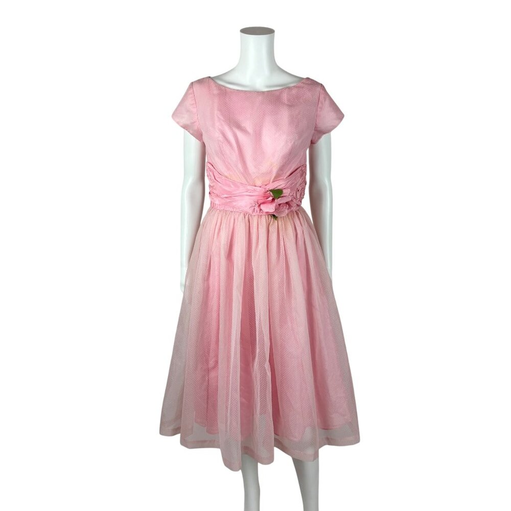 Vintage 50s Prom Dress Women's XS Pink Dotted Swiss Full Skirt Formal Fit Flare - Picture 11 of 15